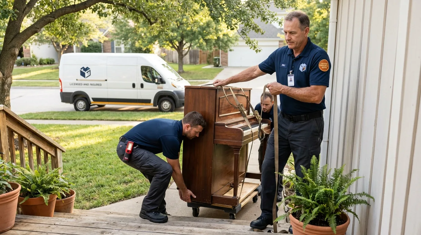 Licensed piano movers securing grand piano in Suwanee, GA