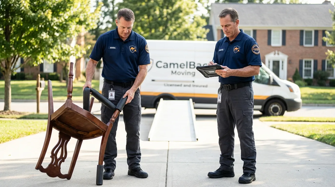 Movers inspecting furniture for damage prevention before loading in Suwanee, GA