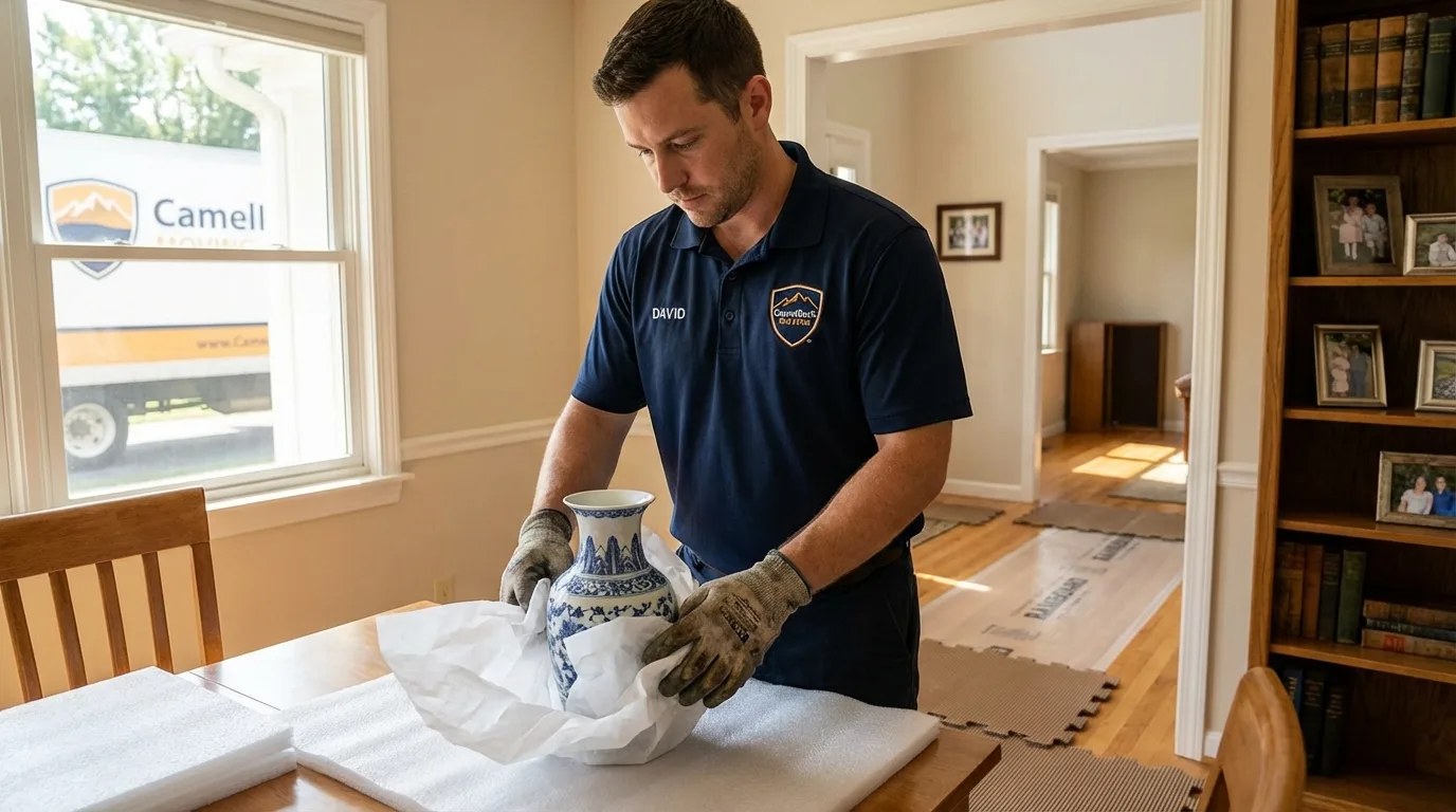 Professional crew carefully wrapping antique vase for senior downsizing move in Suwanee, GA